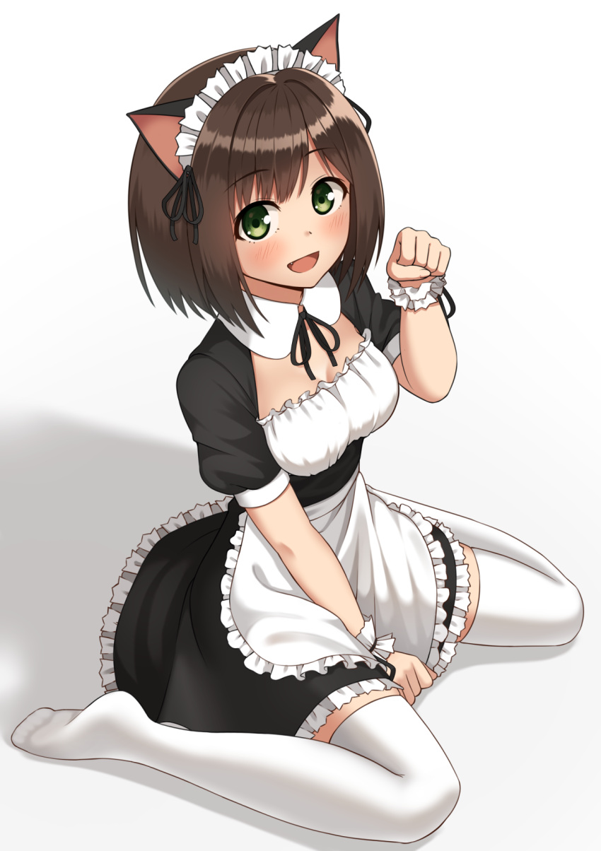 1girl :d animal_ears apron bangs between_legs black_dress black_ribbon blush breasts cat_ears cleavage detached_collar dress eyebrows_visible_through_hair fang frilled_apron frilled_dress frills from_below full_body hand_between_legs hand_up highres idolmaster idolmaster_cinderella_girls kemonomimi_mode kurisu-kun looking_at_viewer looking_up maekawa_miku maid_headdress medium_breasts no_shoes open_mouth paw_pose ribbon shadow short_sleeves simple_background smile solo thigh-highs waist_apron white_apron white_background white_legwear wrist_cuffs