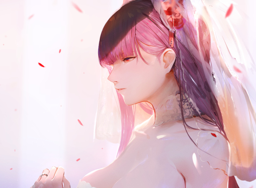 1girl absurdres bangs bare_shoulders blush breasts bridal_veil bride choker collarbone dress eyebrows_visible_through_hair flower from_side girls_frontline hair_flower hair_ornament half-closed_eyes hand_up happy highres huge_filesize isaka_wasabi jewelry lace lace_choker large_breasts long_hair parted_lips petals purple_hair red_eyes red_flower red_rose ring rose solo strapless strapless_dress tsurime veil very_long_hair wa2000_(girls_frontline) wedding wedding_dress wedding_ring white_dress