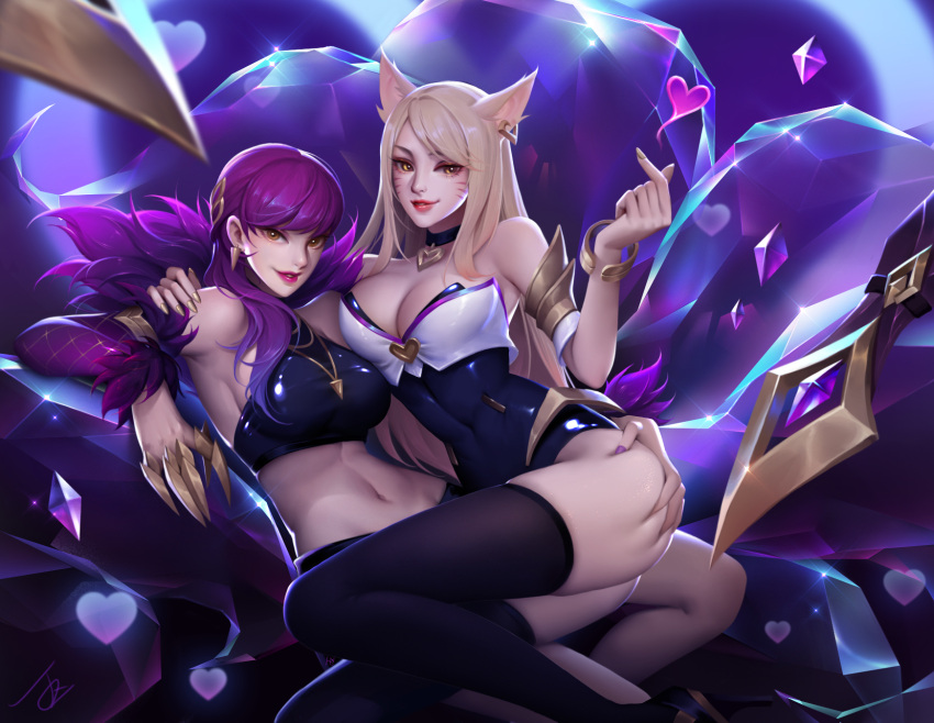 2girls ahri animal_ears armlet ass ass_grab bangs bare_shoulders black_choker black_legwear black_leotard blonde_hair bracelet breasts brown_eyes bustier choker claw_(weapon) cleavage covered_navel deep_skin detached_sleeves evelynn fox_ears fox_girl fox_tail gem heart heart_choker highres idol jewelry jz k/da-ahri k/da-evelynn league_of_legends leotard lips lipstick long_hair looking_at_viewer lying makeup medium_breasts midriff multiple_girls nail_polish navel necklace on_back parted_lips purple_hair purple_lipstick purple_nails red_lipstick smile smirk spike strapless strapless_leotard swept_bangs tail thigh-highs tubetop weapon whisker_markings yellow_eyes yellow_nails yuri