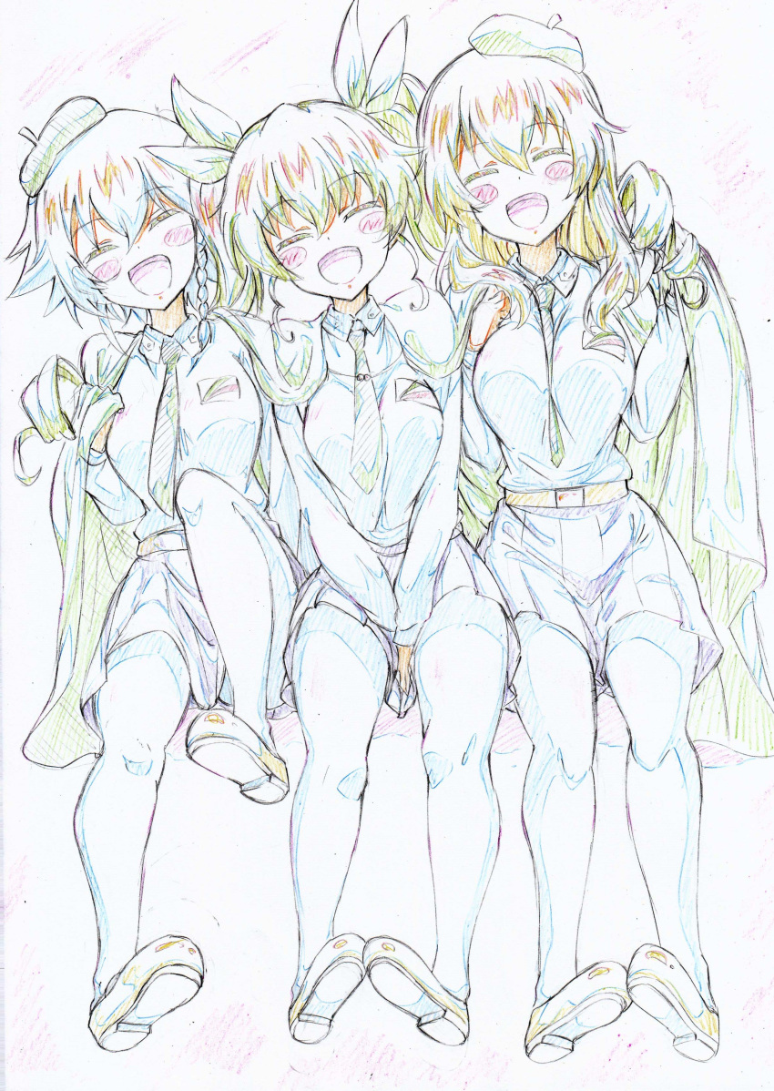 3girls :d absurdres anchovy anzio_school_uniform bangs belt beret between_breasts black_belt black_cape black_footwear black_hair black_hat black_neckwear black_ribbon black_skirt blonde_hair blush_stickers braid breasts cape carpaccio closed_eyes colored_pencil_(medium) commentary dress_shirt drill_hair emblem eyebrows_visible_through_hair facing_viewer full_body girls_und_panzer green_hair hair_ribbon happy hat highres kitazinger leaning_to_the_side leg_up loafers long_hair long_sleeves medium_breasts miniskirt multiple_girls necktie open_mouth pantyhose pepperoni_(girls_und_panzer) pleated_skirt ribbon school_uniform shared_cape shirt shoes short_hair side-by-side side_braid sitting skirt skirt_tug smile traditional_media twin_drills twintails v_arms white_legwear white_shirt