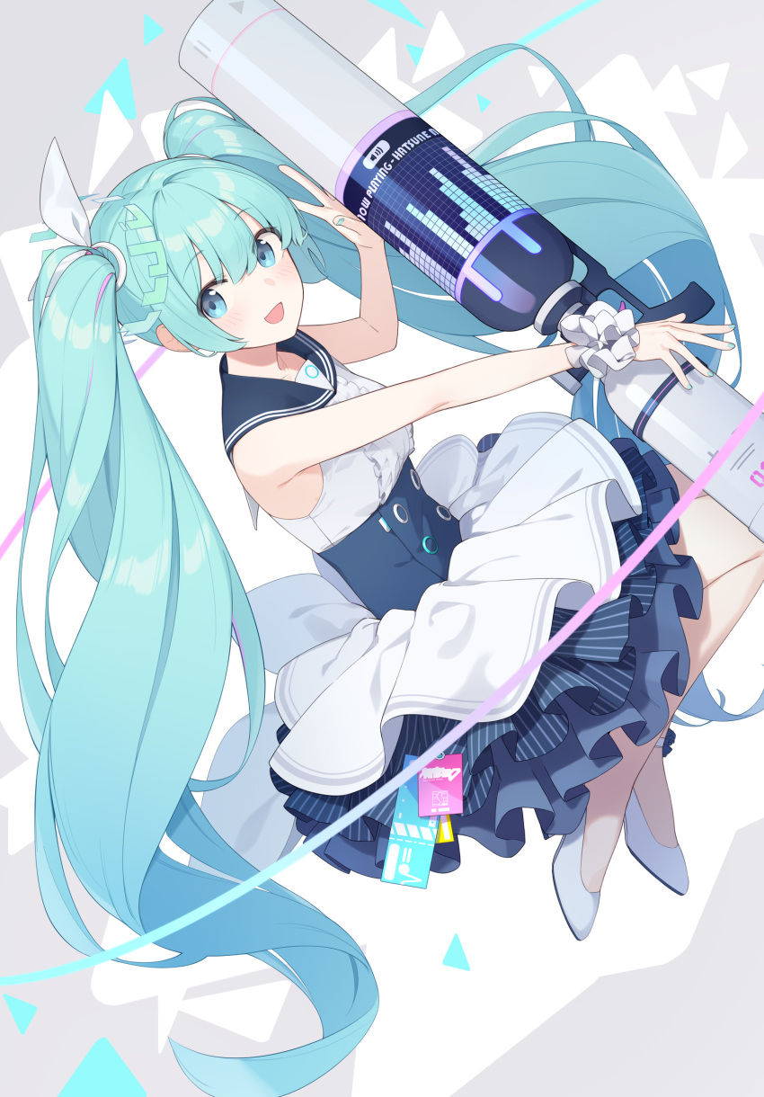 1girl :d bangs blue_archive blue_eyes blue_hair blue_nails blue_sailor_collar blue_skirt bow buttons center_frills double-breasted english_commentary enosan frilled_skirt frills full_body hair_bow hatsune_miku high-waist_skirt high_heels highres holding holding_weapon layered_skirt long_hair looking_at_viewer sailor_collar scrunchie shirt sidelocks skirt sleeveless sleeveless_shirt smile solo speaker twintails very_long_hair vocaloid volume_symbol weapon white_footwear white_scrunchie white_shirt white_skirt wrist_scrunchie