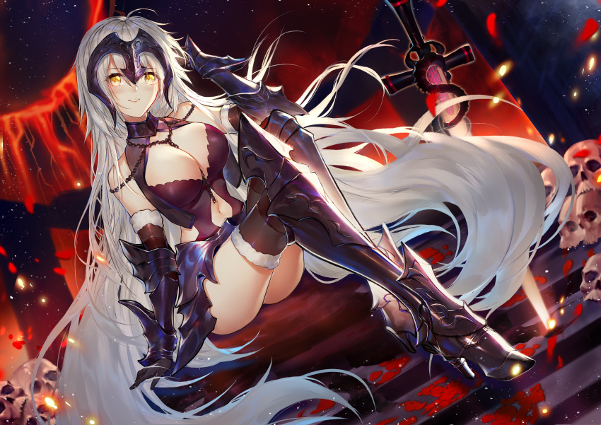 1girl absurdres armor armored_dress bangs black_dress breasts chains cleavage dress fate/grand_order fate_(series) faulds fur_trim headpiece highres holding holding_weapon horz jeanne_d'arc_(alter)_(fate) jeanne_d'arc_(fate)_(all) large_breasts long_hair medium_breasts parted_lips silver_hair solo thigh-highs thighs weapon yellow_eyes