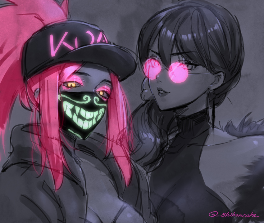 2girls akali bare_shoulders baseball_cap breasts cleavage evelynn face_mask greyscale hat inverted_colors jacket k/da_(league_of_legends) k/da_akali k/da_evelynn league_of_legends lipstick makeup mask monochrome multiple_girls parted_lips pink_hair ponytail round_eyewear sakura_shiho side_ponytail sleeveless solo sunglasses twitter_username upper_body yellow_eyes