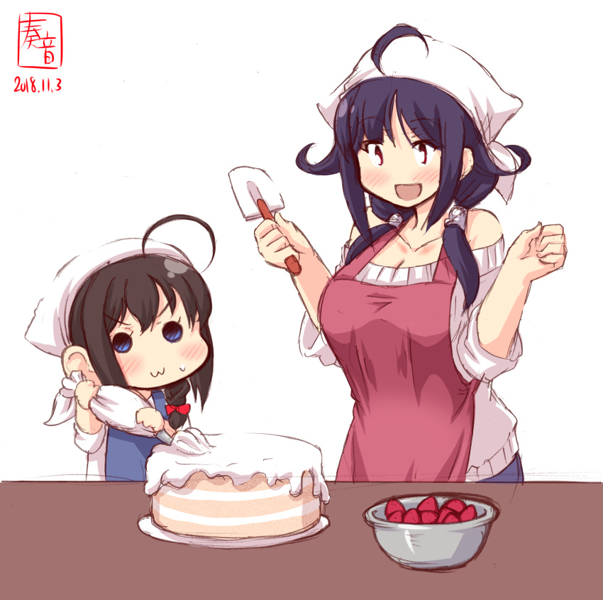 2girls :3 alternate_costume antenna_hair apron artist_logo bakery baking bare_shoulders blush braid breasts cake cleavage collarbone cooking cream dated denim eyebrows_visible_through_hair food fruit hair_flaps hair_over_shoulder head_scarf highres indoors jeans kanon_(kurogane_knights) kantai_collection kitchen large_breasts long_hair low_twintails mixing_bowl multiple_girls open_mouth pants pastry_bag red_eyes ryuuhou_(kantai_collection) shigure_(kantai_collection) shop signature simple_background single_braid sleeves_rolled_up smile spatula strawberry sweatdrop sweater table taigei_(kantai_collection) turtleneck turtleneck_sweater twintails white_background white_sweater younger