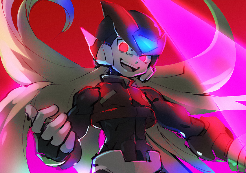 1boy android blonde_hair energy_blade energy_sword glowing glowing_eyes grin holding holding_weapon kon_(kin219) long_hair male_focus omega_(rockman) open_mouth red_background red_eyes rockman rockman_zero rockman_zero_3 simple_background smile solo sword teeth upper_body weapon