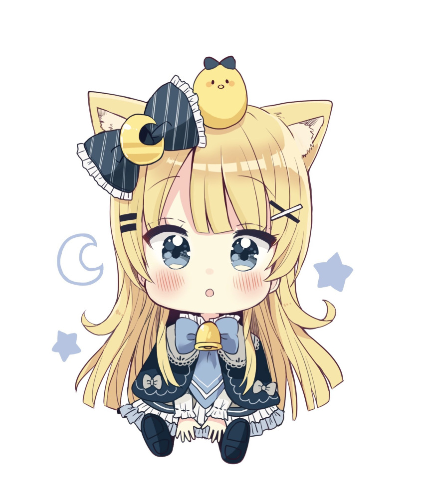 1girl :o animal animal_ear_fluff animal_ears animal_on_head bangs bell bird bird_on_head blonde_hair blue_bow blue_cape blue_eyes blue_footwear blush bow cape cat_ears chibi chick commentary_request crescent eyebrows_visible_through_hair full_body hair_bow hair_ornament hairclip highres long_hair long_sleeves looking_at_viewer on_head original parted_lips sakura_oriko shoe_soles shoes sitting solo star very_long_hair white_background x_hair_ornament