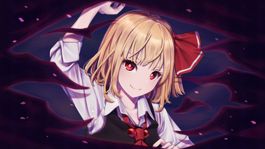 1girl arm_up ascot bangs black_vest blonde_hair collarbone commentary_request darkness dtvisu eyelashes hair_ribbon head_tilt long_sleeves looking_at_viewer purple_background red_eyes red_neckwear red_ribbon ribbon rumia shirt short_hair smile solo touhou upper_body vest white_shirt wing_collar