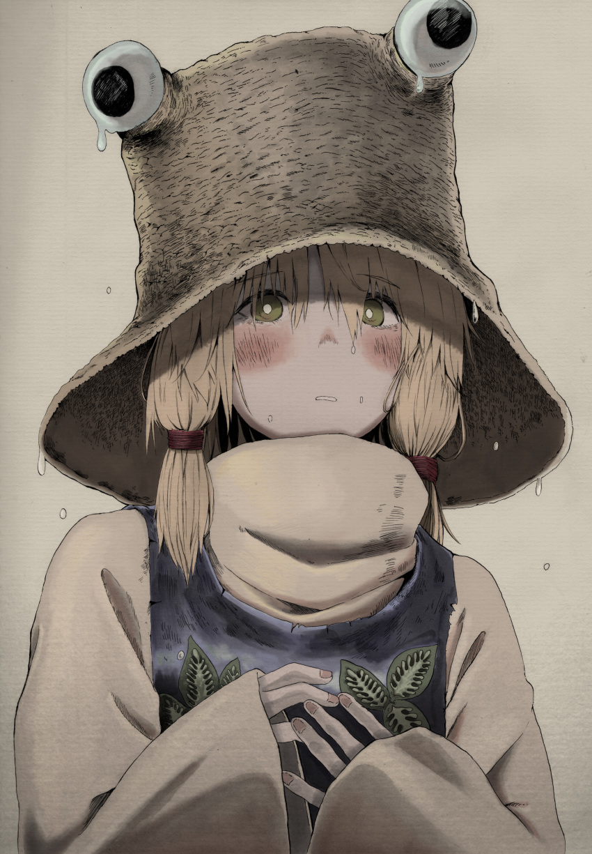 1girl absurdres bangs blonde_hair blush bright_pupils brown_hat eyebrows_visible_through_hair fingernails green_eyes hair_between_eyes hat highres huge_filesize long_sleeves medium_hair moriya_suwako sleeves_past_wrists solo touhou upper_body white_pupils wide_sleeves yuu_yuu910