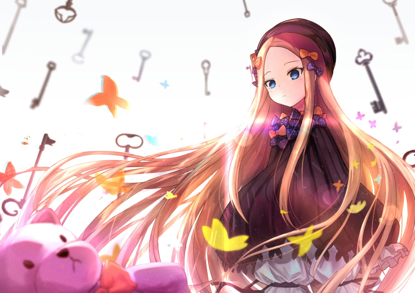 1girl abigail_williams_(fate/grand_order) absurdres black_dress black_hat blonde_hair bloomers blue_eyes blurry bow bug butterfly chromatic_aberration depth_of_field dress expressionless fate/grand_order fate_(series) forehead hat highres insect key long_hair orange_bow polka_dot polka_dot_bow ribbed_dress sleeves_past_fingers sleeves_past_wrists solo stuffed_animal stuffed_toy teddy_bear underwear very_long_hair wang_man