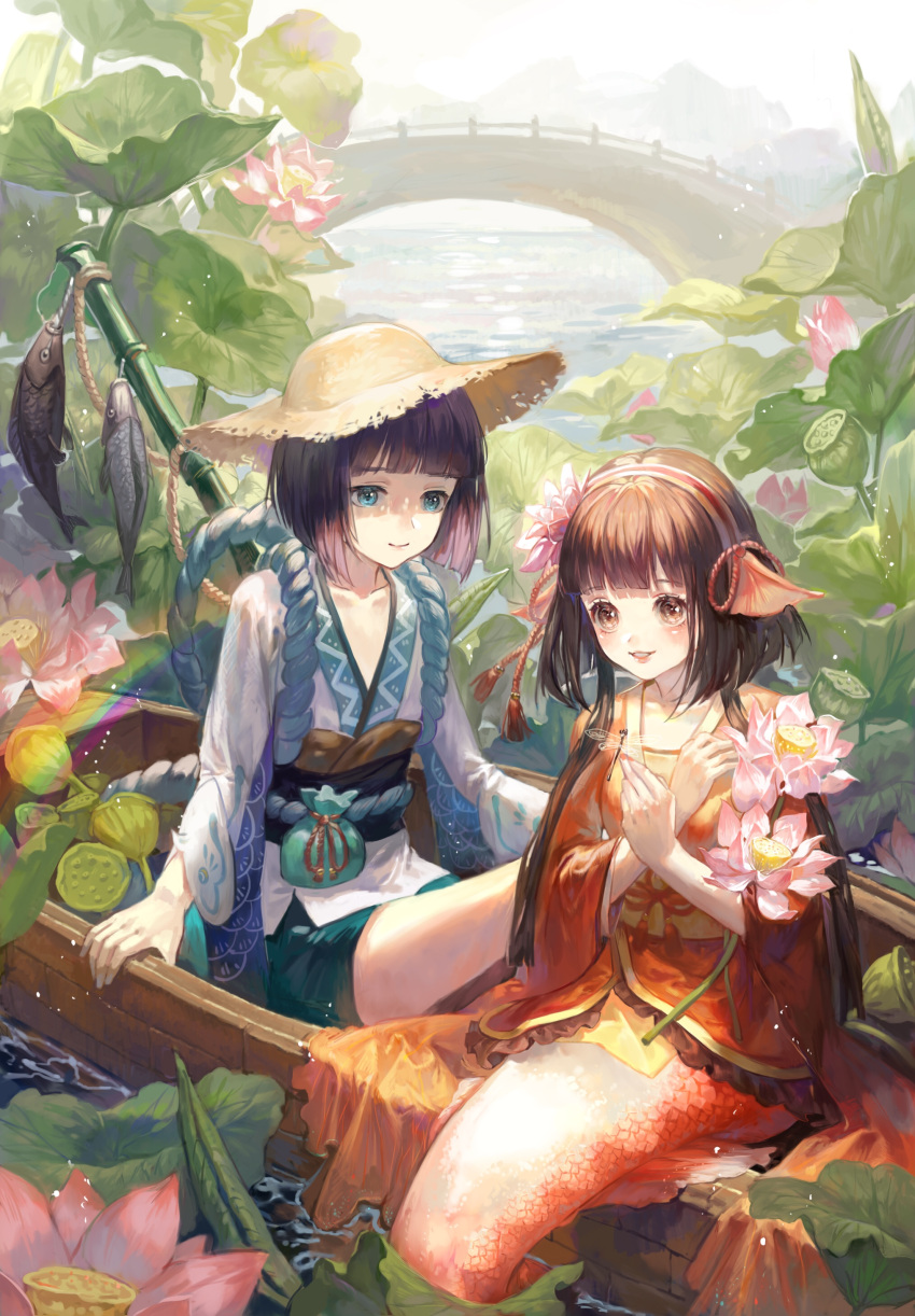 1boy 1girl absurdres alternate_form animal_ears bangs blunt_bangs blush boat bob_cut bridge brown_hair bug chinese_clothes closed_mouth commentary day dragonfly fish flower frilled_kimono frills green_eyes hair_flower hair_ornament hairband hat head_fins highres horizon insect insect_on_finger japanese_clothes kappa_(onmyoji) kimono koi_(onmyoji) leaf lily_pad long_sleeves looking_at_viewer lotus lotus_pod maccha_(mochancc) mermaid monster_girl obi onmyoji orange_hair outdoors parted_lips partially_submerged pink_flower purple_hair rainbow river rope sash short_hair short_hair_with_long_locks sidelocks sitting smile straw_hat sun_hat tassel tasuki water watercraft wide_sleeves yellow_eyes