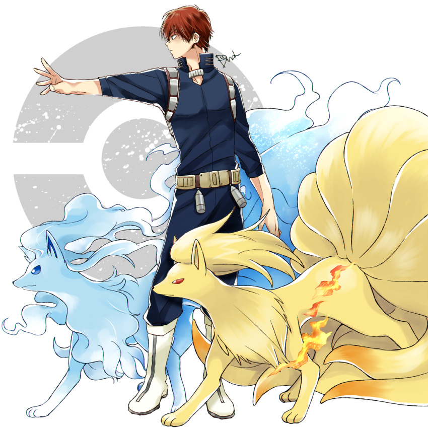 1boy alolan_ninetales blue_bodysuit bodysuit boku_no_hero_academia boots creatures_(company) dandel game_freak gen_1_pokemon looking_to_the_side ninetales nintendo outstretched_arm poke_ball_symbol pokemon redhead signature todoroki_shouto white_footwear