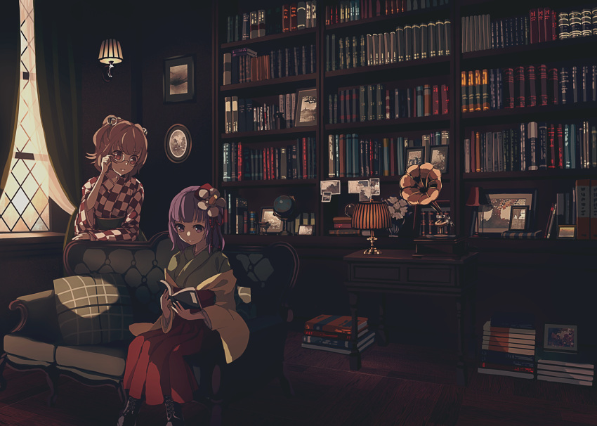 2girls adjusting_eyewear bangs bell bespectacled black_footwear book bookshelf boots brown_hair checkered checkered_kimono commentary_request couch curtains desk dise eyebrows_visible_through_hair flower glasses globe green_kimono hair_bell hair_flower hair_ornament hakama_skirt hand_up hieda_no_akyuu highres holding holding_book indoors japanese_clothes jingle_bell kimono lamp long_sleeves looking_at_viewer motoori_kosuzu multiple_girls obi off_shoulder parted_lips phonograph photo_(object) picture_frame pillow purple_hair red_eyes red_skirt sash short_hair skirt smile touhou two_side_up violet_eyes white_flower wide_sleeves window yellow_kimono