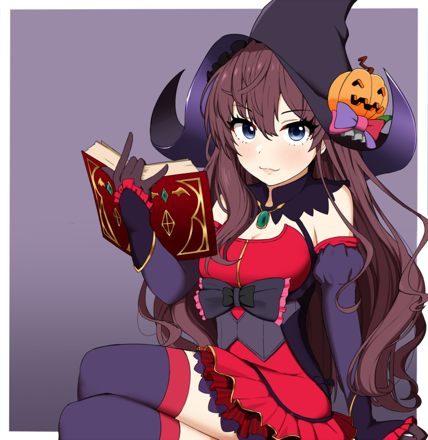 1girl bangs bare_shoulders black_bow blue_eyes blush book border bow breasts brooch brown_hair cleavage closed_mouth dress elbow_gloves eyelashes gloves hair_between_eyes halloween_costume hat highres ichinose_shiki idolmaster idolmaster_cinderella_girls jack-o'-lantern_ornament jewelry legs_crossed long_hair looking_at_viewer medium_breasts nichijo open_book purple_background purple_gloves purple_legwear red_dress simple_background sitting smile solo thigh-highs thighs underbust wavy_hair white_border witch_hat