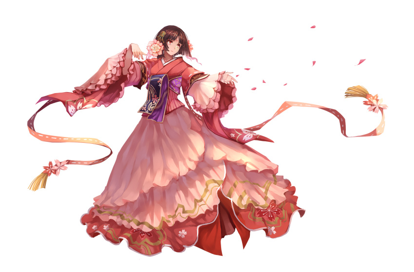 1girl arm_up brown_eyes brown_hair cherry_blossoms closed_mouth demon_girl floating floral_print flower hair_flower hair_ornament highres japanese_clothes kimono long_sleeves looking_to_the_side obi onmyoji outstretched_arms petals pink_flower pink_kimono red_eyes sakura_(onmyoji) sash short_hair simple_background smile solo spread_arms white_background wide_sleeves yougen_kitsune youkai