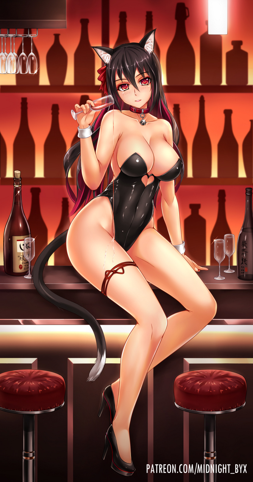 1girl animal_ears bar bare_shoulders bell bell_collar black_hair black_leotard breasts cat_ears cat_tail cleavage collar cup drinking_glass eyebrows_visible_through_hair fake_animal_ears hair_ribbon hairband high_heels highleg highleg_leotard highres holding holding_cup jingle_bell kittysuit large_breasts leotard long_hair looking_at_viewer midnight_(banyex) multicolored_hair original parted_lips patreon_username pouring red_eyes ribbon sitting solo strapless strapless_leotard tail thigh_strap two-tone_hair watermark web_address wrist_cuffs