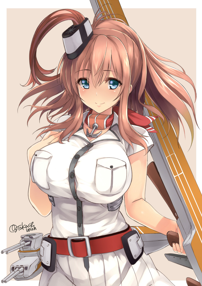 1girl absurdres anchor blue_eyes breast_pocket breasts brown_hair cannon dress eyebrows_visible_through_hair flight_deck gun hair_between_eyes highres holding holding_gun holding_weapon kantai_collection large_breasts machinery neckerchief pocket ponytail red_neckwear saratoga_(kantai_collection) short_sleeves side_ponytail sidelocks smile smokestack smokestack_hair_ornament solo takase_muu turret upper_body weapon white_dress