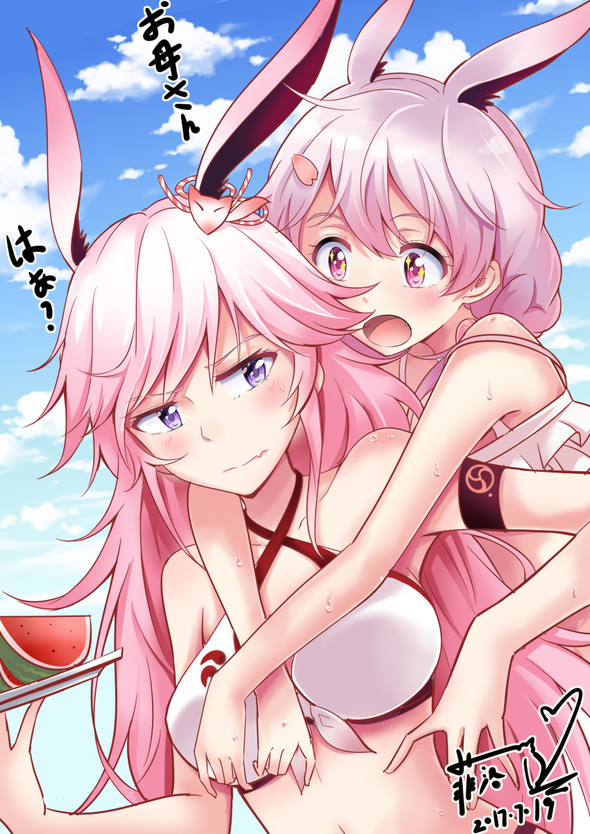 2girls absurdres animal_ears annoyed bangs bare_shoulders bikini blue_eyes breasts closed_mouth criss-cross_halter day excited fang fang_out food front-tie_bikini front-tie_top fruit halter_top halterneck highres hirakuneko holding holding_plate honkai_impact long_hair looking_at_another medium_breasts multiple_girls navel open_mouth outdoors pink_hair plate rabbit_ears silver_hair sky sparkle star star_in_eye sweat swimsuit symbol_in_eye theresa_apocalypse tray upper_body very_long_hair violet_eyes watermelon white_bikini yae_sakura_(benghuai_xueyuan)