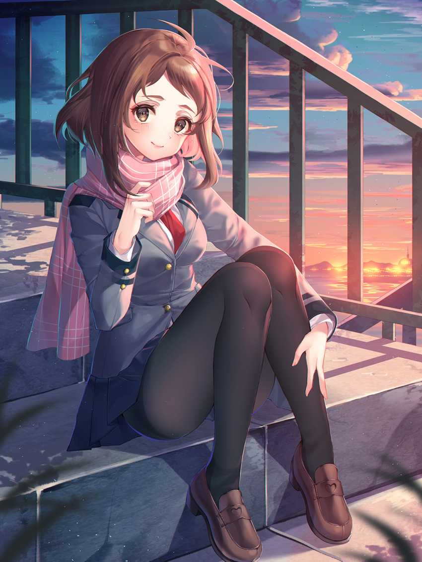 1girl bangs black_legwear blazer blue_skirt blurry blurry_foreground blush boku_no_hero_academia brown_eyes brown_footwear brown_hair closed_mouth clouds cloudy_sky commentary_request depth_of_field fingernails grey_jacket head_tilt highres jacket kinty loafers long_sleeves neckerchief ocean outdoors pantyhose pink_scarf pleated_skirt red_neckwear scarf shirt shoes sitting sitting_on_stairs skirt sky smile solo stairs stone_stairs sunset u.a._school_uniform uraraka_ochako white_shirt