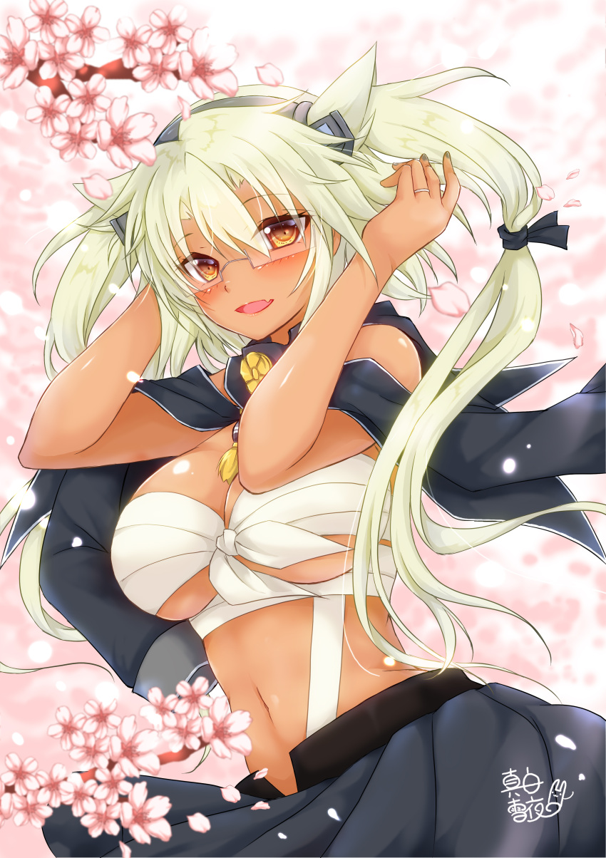 0yukiya0 1girl :d absurdres bangs blush breasts budget_sarashi cherry_blossoms cleavage commentary_request eyebrows_visible_through_hair eyelashes eyes_visible_through_hair fang glasses gorget grey_nails hands_in_hair hands_up highres jewelry kantai_collection kikumon large_breasts light_brown_eyes long_hair looking_at_viewer midriff miniskirt musashi_(kantai_collection) nail_polish navel open_mouth petals pink_background platinum_blonde_hair pleated_skirt raised_eyebrows ring sarashi signature skirt smile solo stomach upper_body wedding_band