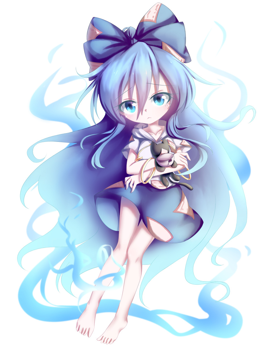 1girl :&lt; absurdres bangle bare_legs barefoot blue_bow blue_eyes blue_hair blue_skirt bow bowl bracelet chibi collarbone crossed_arms damaged debt dior-zi drawstring grey_hoodie hair_between_eyes hair_bow highres hood hood_down jewelry long_hair looking_at_viewer simple_background skirt solo stuffed_animal stuffed_cat stuffed_toy tareme touhou very_long_hair white_background yorigami_shion