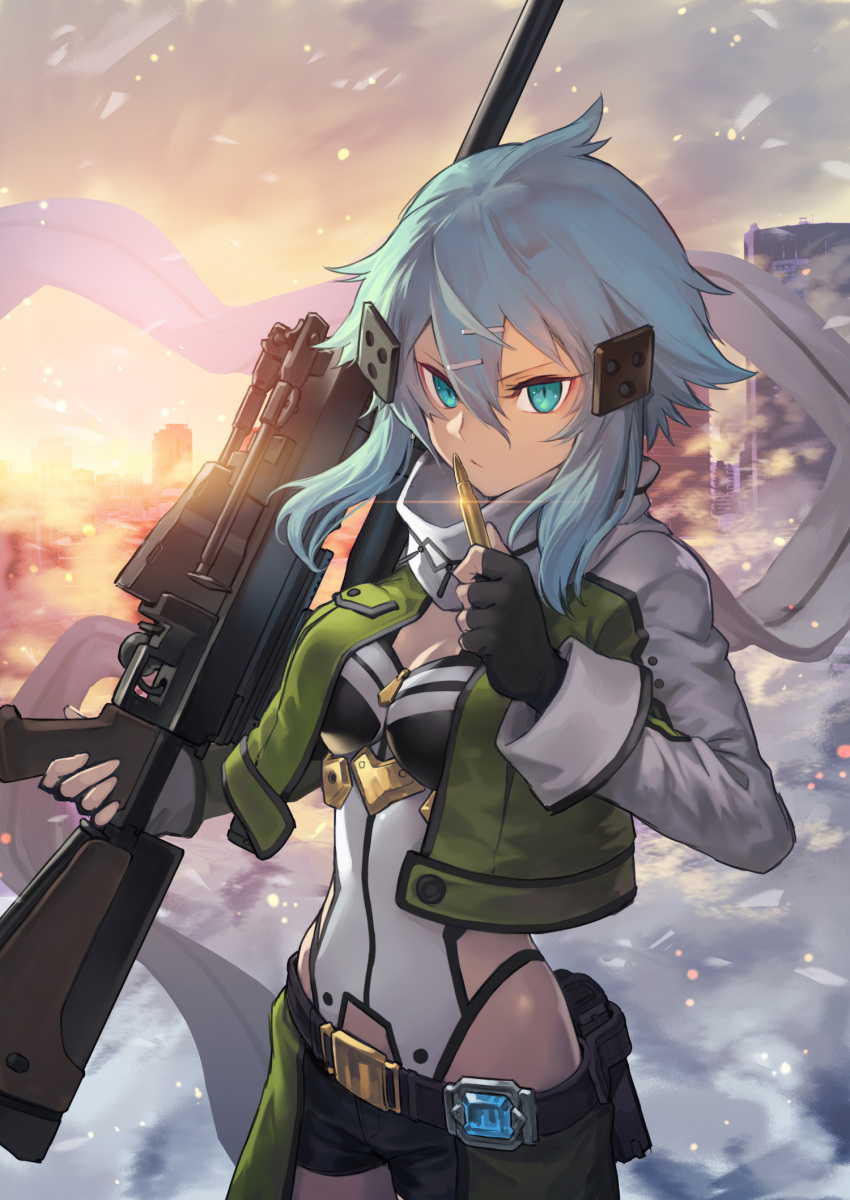 1girl aqua_eyes aqua_hair belt black_gloves black_shorts breasts building cleavage closed_mouth clouds cloudy_sky cowboy_shot cropped_jacket dusk fingerless_gloves glint gloves gun hair_between_eyes hair_ornament hairclip highres holding holding_bullet holding_gun holding_weapon long_sleeves medium_breasts nkmr8 outdoors rifle scarf short_hair short_hair_with_long_locks short_shorts shorts sinon sky sniper_rifle standing sword_art_online tsurime weapon