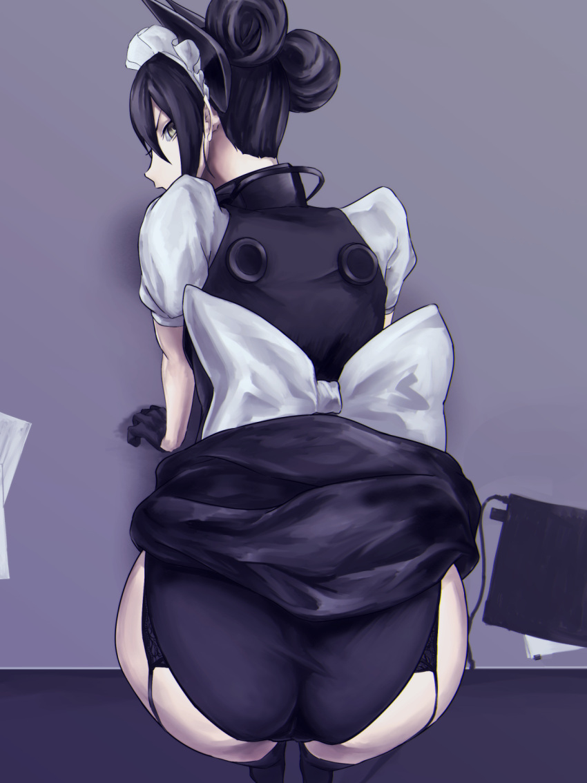 1girl agent_(girls_frontline) ass bent_over black_gloves black_hair black_legwear black_panties double_bun dress dress_lift from_behind garter_belt garter_straps girls_frontline glaring gloves hair_between_eyes half_gloves highres long_hair looking_at_viewer looking_back maid maid_headdress mizukamakiri panties puffy_short_sleeves puffy_sleeves sangvis_ferri scowl short_sleeves solo thigh-highs underwear