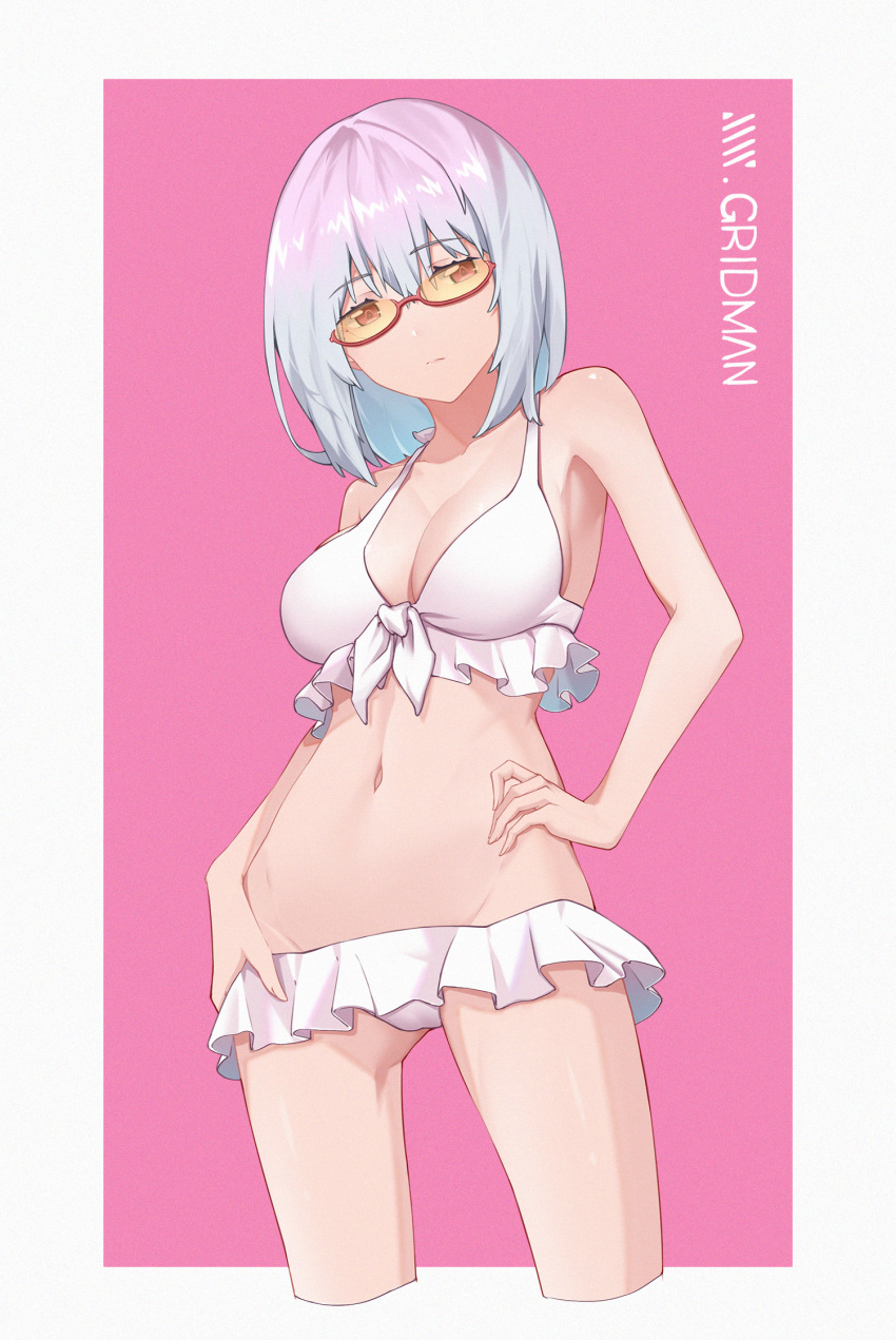 1girl bikini breasts cleavage frilled_bikini frills hand_on_hip highres medium_breasts navel shinjou_akane short_hair solo ssss.gridman swimsuit white_bikini wish_white