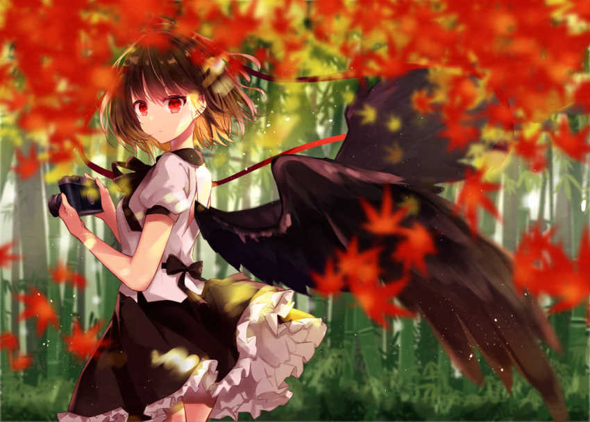 1girl autumn_leaves bamboo bamboo_forest bangs black_bow black_hair black_neckwear black_ribbon black_skirt black_wings bow breasts camera commentary_request cowboy_shot feathered_wings forest hat holding holding_camera kisaragi_yuri light_particles looking_at_viewer medium_breasts nature neck_ribbon petticoat puffy_short_sleeves puffy_sleeves red_eyes ribbon shameimaru_aya shirt short_hair short_sleeves skirt solo standing tokin_hat touhou white_shirt wings