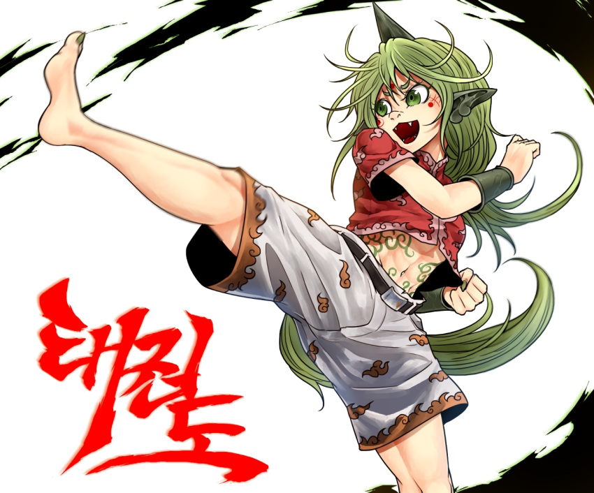 1girl abs animal_ears attack barefoot belt clenched_hands cloud_print collared_shirt facepaint fangs fingernails green_eyes green_hair green_nails horn kariyushi_shirt kicking komano_aun leg_up long_hair looking_to_the_side midriff_peek motion_blur nail_polish navel open_mouth red_shirt ryuuichi_(f_dragon) sharp_fingernails shirt short_sleeves shorts smile solo spread_legs stomach stomach_tattoo tail tattoo toenail_polish toenails toes toned touhou v-shaped_eyebrows white_shorts wrist_cuffs