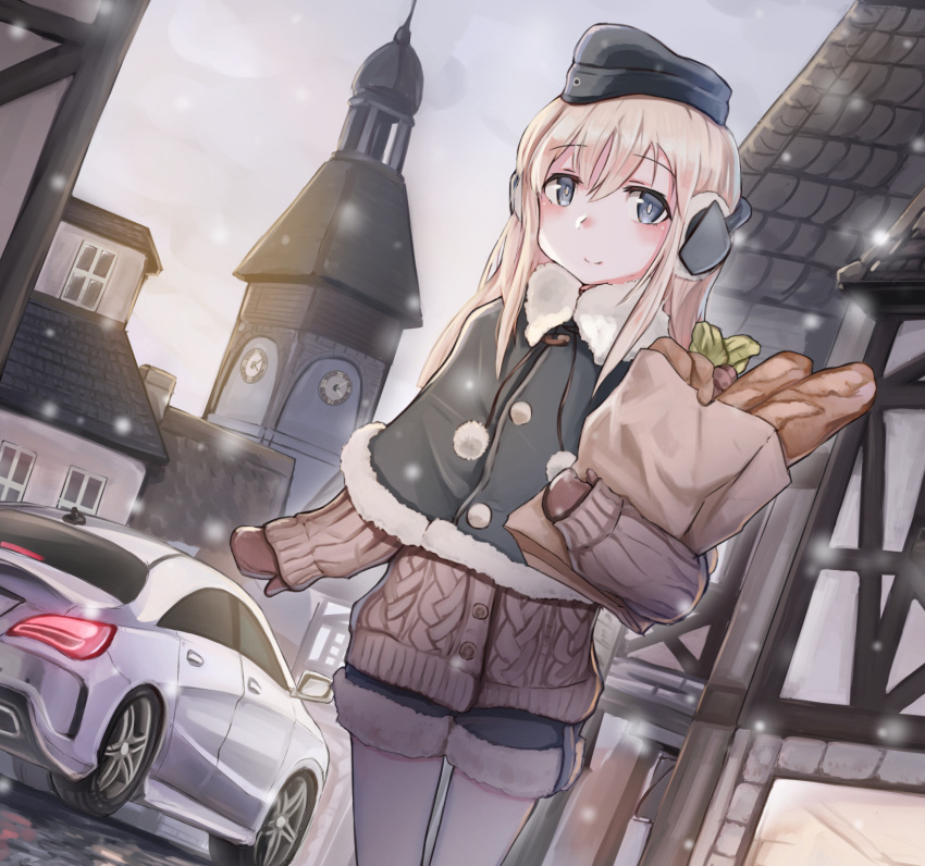 1girl alternate_costume bag bangs blonde_hair blue_eyes blush bread buttons car closed_mouth coat commentary_request earmuffs eyebrows_visible_through_hair food grocery_bag ground_vehicle hair_between_eyes hat headgear highres holding kabayaki_namazu kantai_collection long_hair looking_at_viewer motor_vehicle shopping_bag smile snow snowing solo standing sweater sweater_vest thigh-highs u-511_(kantai_collection) winter winter_clothes