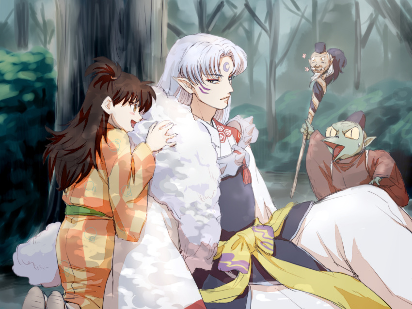 1boy 1girl armor bangs black_hair brown_eyes child facial_mark forehead_mark fur highres inuyasha japanese_armor japanese_clothes kimono long_hair one_side_up open_mouth pointy_ears rin_(inuyasha) sesshoumaru silver_hair sitting smile suji tree white_hair yellow_eyes