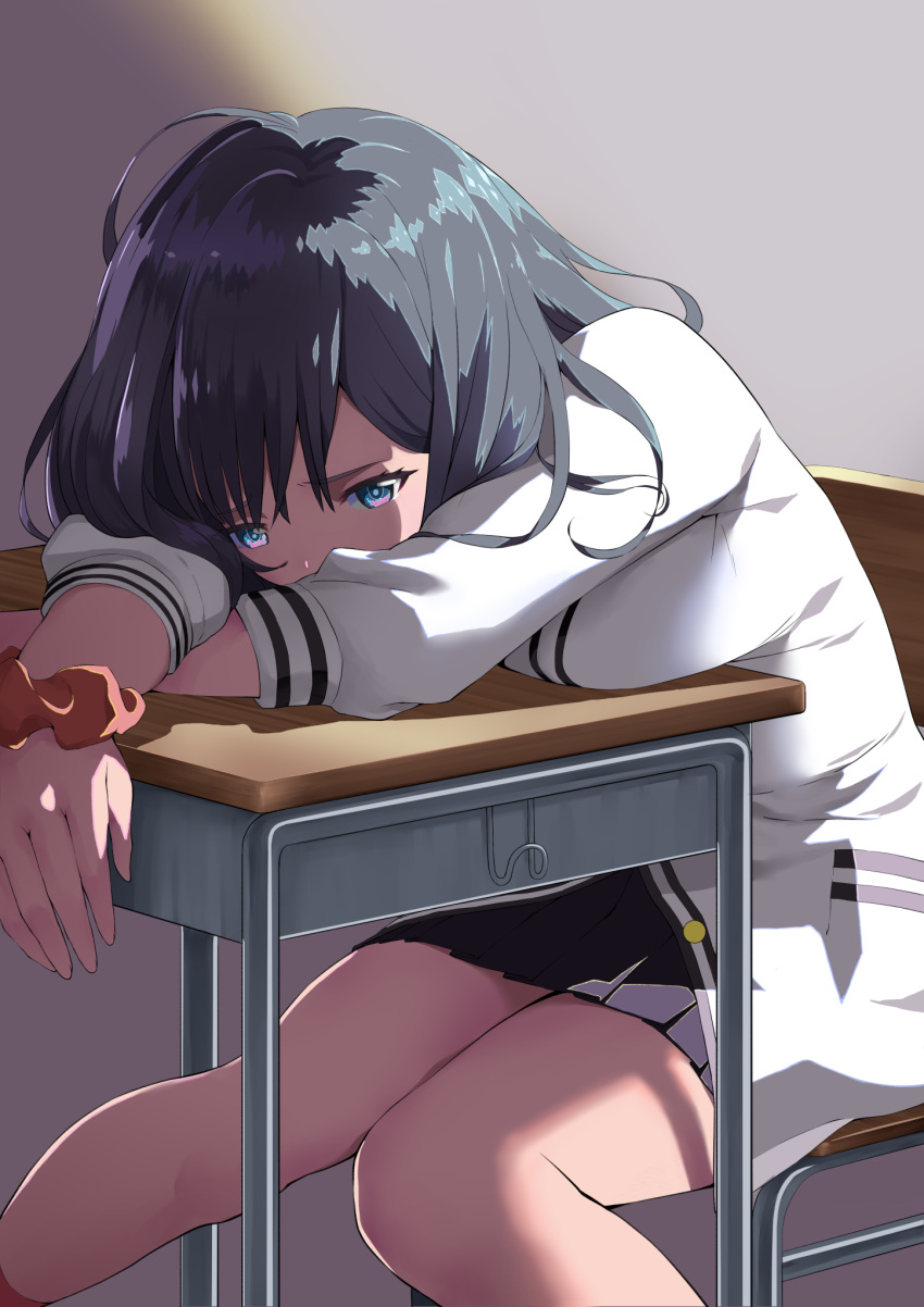 1girl ahoge black_hair black_skirt blue_eyes breasts chair commentary_request covered_mouth desk grey_background head_rest highres jacket leaning_forward long_hair long_sleeves medium_breasts orange_scrunchie pleated_skirt rin2008 school_chair school_desk scrunchie sitting skirt solo ssss.gridman takarada_rikka white_jacket wrist_scrunchie