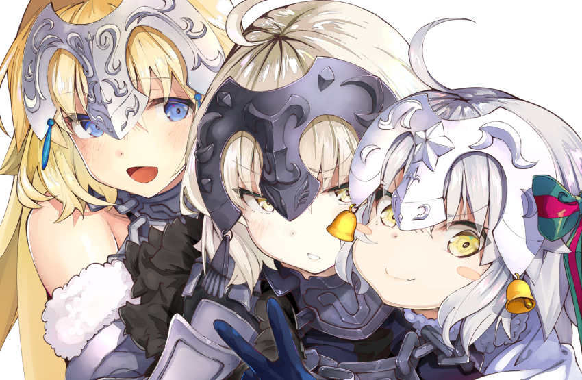 3girls :d bare_shoulders bell black_gloves blue_eyes blush blush_stickers bow fate/apocrypha fate/grand_order fate_(series) fur_trim gauntlets gloves hair_bow helmet iwasaki_takashi jeanne_d'arc_(alter)_(fate) jeanne_d'arc_(fate) jeanne_d'arc_(fate)_(all) jeanne_d'arc_alter_santa_lily long_hair looking_at_viewer multiple_girls open_mouth simple_background smile v white_background white_hair yellow_eyes