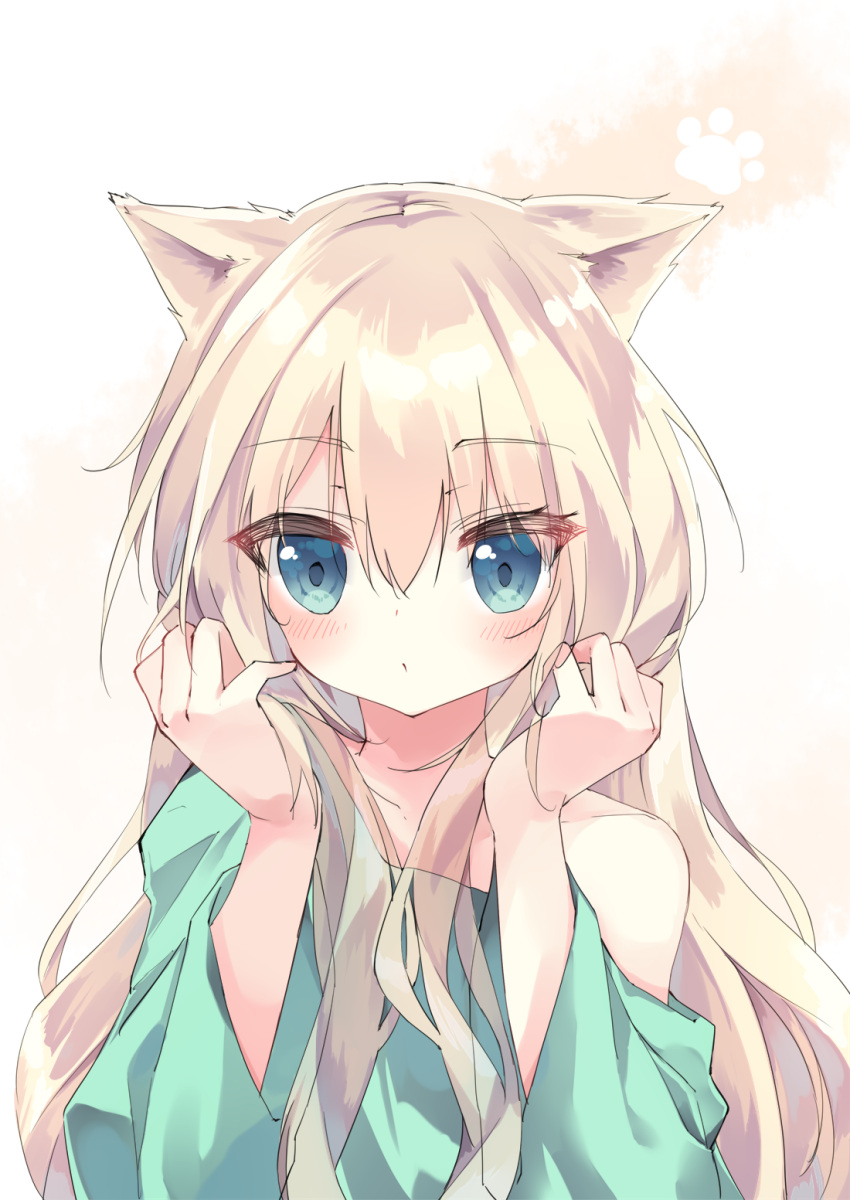 1girl animal_ears bangs bare_shoulders blonde_hair blue_eyes blush brown_background cat_ears closed_mouth collarbone eyebrows_visible_through_hair gradient gradient_background green_shirt hair_between_eyes hamaru_(s5625t) hands_up highres long_hair long_sleeves looking_at_viewer off_shoulder original shirt solo upper_body very_long_hair white_background wide_sleeves