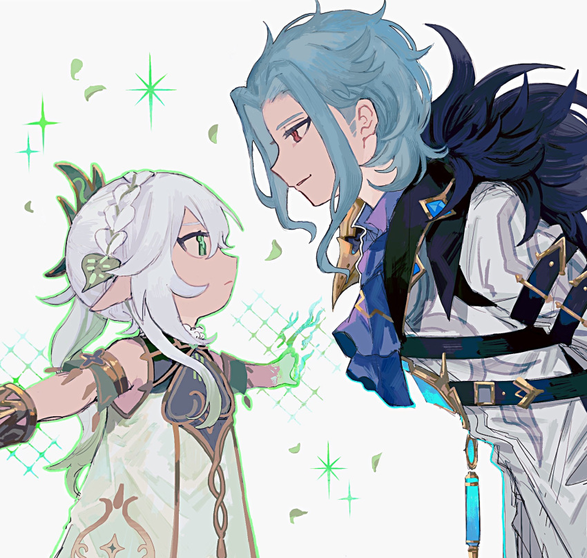 1boy 1girl ascot bangs blue_ascot blue_hair closed_mouth coat commentary detached_sleeves dottore_(genshin_impact) dress eye_contact flower genshin_impact green_eyes green_hair hair_between_eyes hair_ornament highres leaf long_hair looking_at_another multicolored_hair nahida_(genshin_impact) parted_lips pointy_ears ponytail profile red_eyes shima_(vivi_do) side_ponytail simple_background sparkle symbol-only_commentary white_coat white_dress white_flower