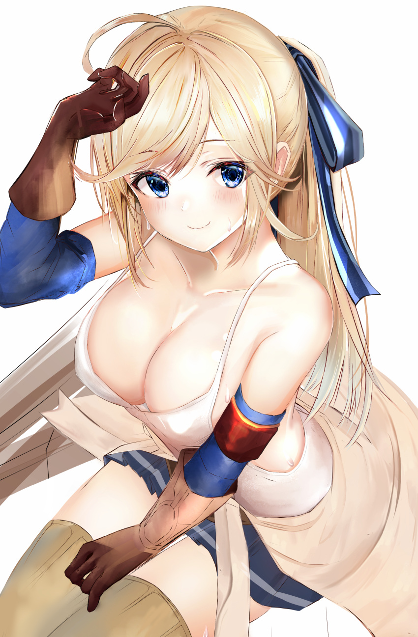 1girl absurdres ahoge arm_up bangs bare_shoulders blonde_hair blue_bow blue_eyes blue_skirt blue_sleeves blush bow breasts brown_gloves brown_legwear camisole cleavage closed_mouth clothes_around_waist collarbone commentary_request cucouroux_(granblue_fantasy) detached_sleeves eyebrows_visible_through_hair from_above gloves granblue_fantasy hair_between_eyes hair_bow head_tilt highres large_breasts leaning_forward long_hair long_sleeves looking_at_viewer looking_up pleated_skirt ria_(riarea00) sitting skirt smile solo striped striped_bow thigh-highs very_long_hair white_camisole