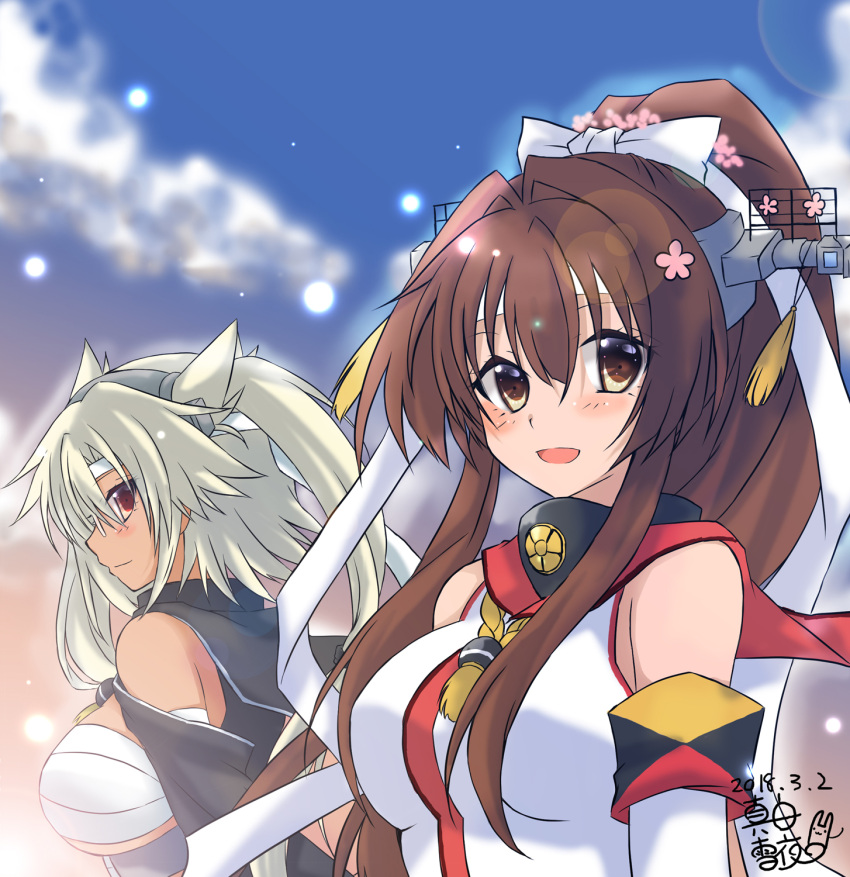 0yukiya0 2girls :d armband bangs bare_shoulders blush breasts brown_hair budget_sarashi character_request clouds cloudy_sky commentary_request dated detached_sleeves gorget gradient_sky hair_intakes headband headgear high_ponytail highres kantai_collection kikumon large_breasts light_brown_eyes light_particles long_hair long_sleeves looking_at_viewer multiple_girls open_mouth orange_eyes platinum_blonde_hair sarashi short_hair_with_long_locks sideways_mouth signature sky smile tassel tsurime upper_body white_headband white_sleeves