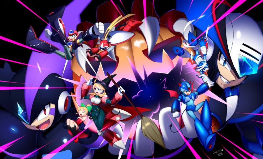 2girls absurdres alia_(rockman) android animal_ears bandage bangs blonde_hair blue_eyes blues_(rockman) blunt_bangs breasts broom buzzsaw_(6631455) cat_ears cat_tail claws closed_eyes demon_horns demon_tail demon_wings dress facial_mark forte_(rockman) gloves green_eyes grin halloween hat helmet highres holding holding_broom horns jack-o'-lantern multiple_girls open_mouth ponytail pumpkin red_dress red_eyes red_footwear robot_ears rockman rockman_(character) rockman_(classic) rockman_x roll shield smile tail white_gloves wings witch_hat x_(rockman) zero_(rockman)