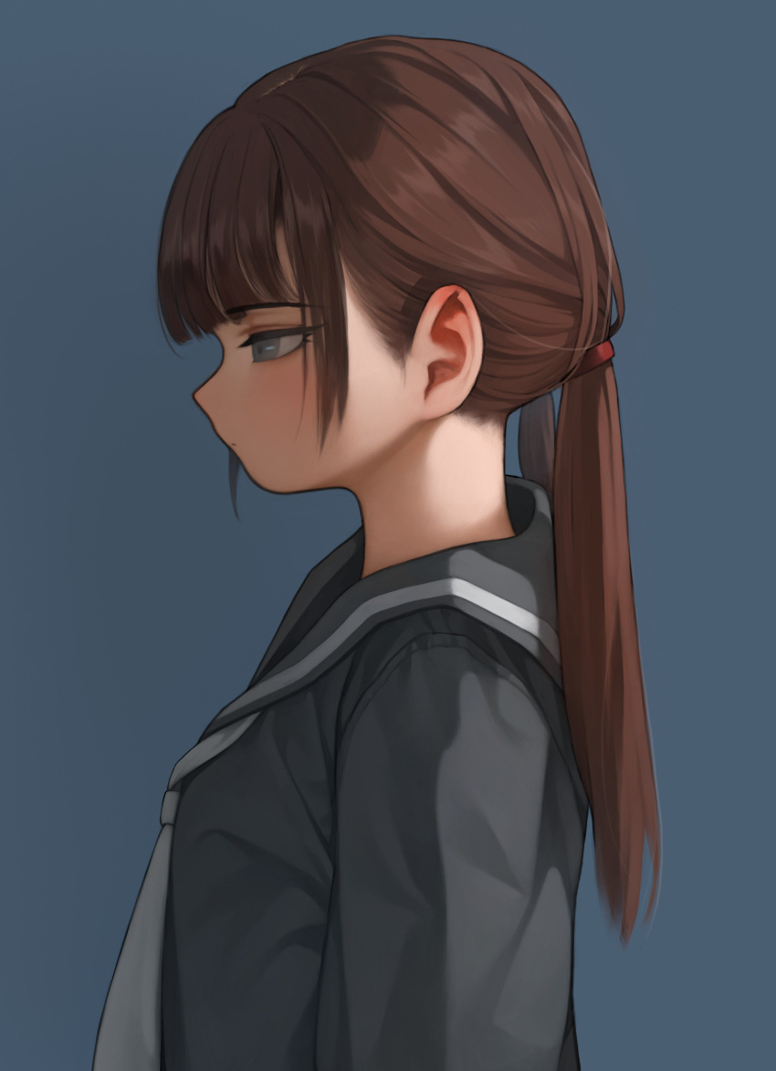 1girl absurdres brown_hair closed_mouth facing_to_the_side grey_eyes highres looking_down original ponytail rabbit_(wlsdnjs950) school_uniform simple_background solo twintails