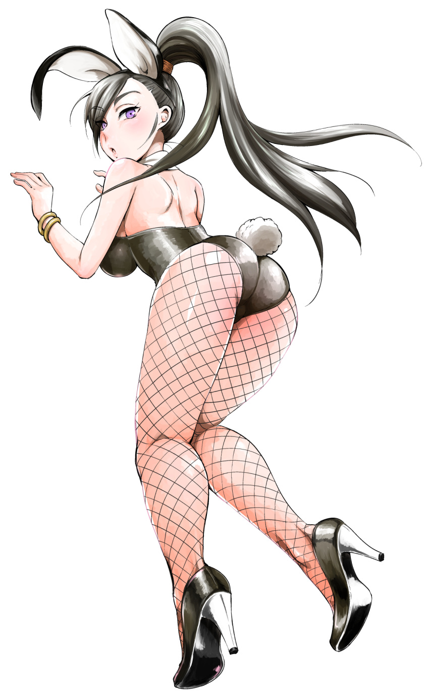 1girl animal_ears ass bare_shoulders black_hair bracelet breasts bunny_girl bunny_tail bunnysuit commentary_request dragon_quest dragon_quest_xi equal_(melomelopunch) eyebrows_visible_through_hair fishnets hair_over_one_eye high_heels highres jewelry long_hair long_ponytail looking_at_viewer looking_back martina_(dq11) parted_lips ponytail rabbit_ears sideboob solo tail very_long_hair violet_eyes