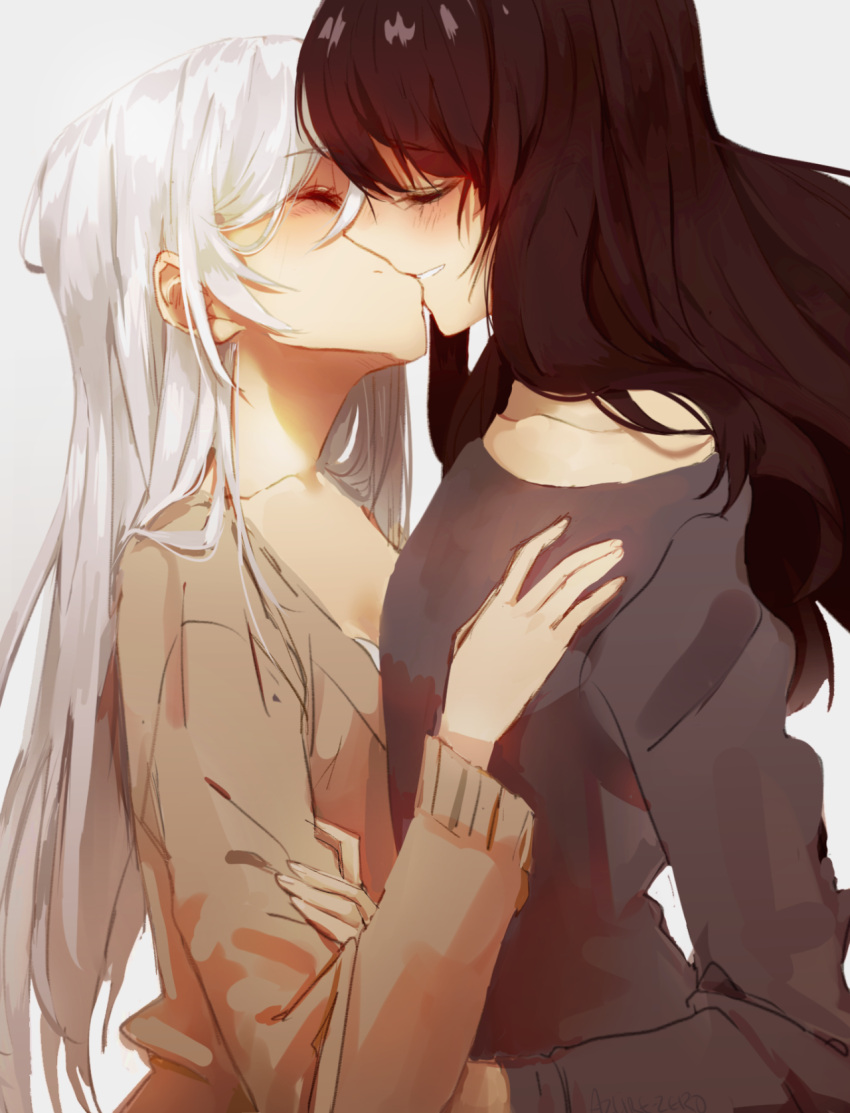 2girls alternate_hairstyle artist_name azure-zer0 black_hair black_sweater blake_belladonna blush closed_eyes closed_mouth eyebrows_visible_through_hair hair_between_eyes hand_on_another's_arm hand_on_another's_chest highres kiss long_hair long_sleeves multiple_girls rwby simple_background smile sweater upper_body weiss_schnee white_background white_hair yuri