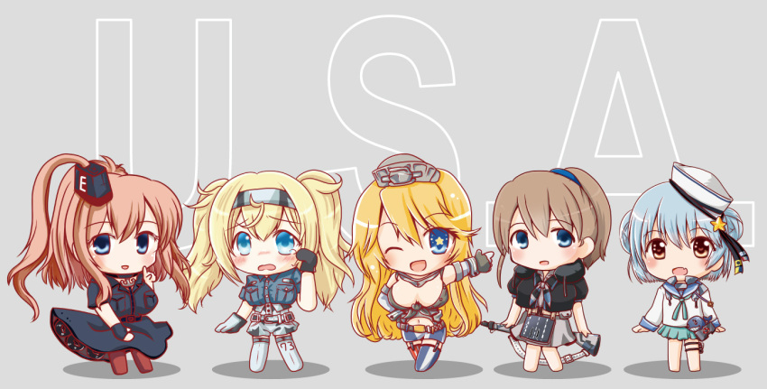 5girls aqua_neckwear aqua_skirt black_dress black_ribbon black_shirt blonde_hair blue_eyes blue_hair blue_sailor_collar blue_shirt breast_pocket breasts brown_hair chibi collared_shirt dixie_cup_hat double_bun dress elbow_gloves fingerless_gloves flight_deck gambier_bay_(kantai_collection) garter_straps gloves gun hair_between_eyes hairband hat hat_ribbon intrepid_(kantai_collection) iowa_(kantai_collection) kantai_collection large_breasts long_hair long_sleeves m1903_springfield military_hat miniskirt mismatched_legwear mochimako multicolored_neckwear multiple_girls neck_pillow neckerchief pleated_skirt pocket ponytail red_eyes ribbon rifle sailor_collar samuel_b._roberts_(kantai_collection) saratoga_(kantai_collection) school_uniform serafuku shirt short_hair side_ponytail sidelocks skirt sleeve_cuffs smokestack standing star star-shaped_pupils striped striped_legwear symbol-shaped_pupils thigh-highs twintails vertical-striped_legwear vertical_stripes weapon whale white_hat white_shirt white_skirt