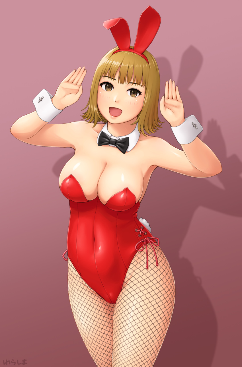 1girl :d animal_ears arms_up artist_name bare_shoulders blonde_hair blush bow bowtie breasts brown_eyes bunny_girl bunny_tail bunnysuit collarbone covered_navel cowboy_shot detached_collar fake_animal_ears fishnet_pantyhose fishnets hairband highleg highleg_leotard highres legs_crossed leotard looking_at_viewer medium_breasts open_mouth original pantyhose rabbit_ears red_leotard shiny shiny_clothes shiny_skin side-tie_leotard signature smile solo standing tail wrist_cuffs yurashima