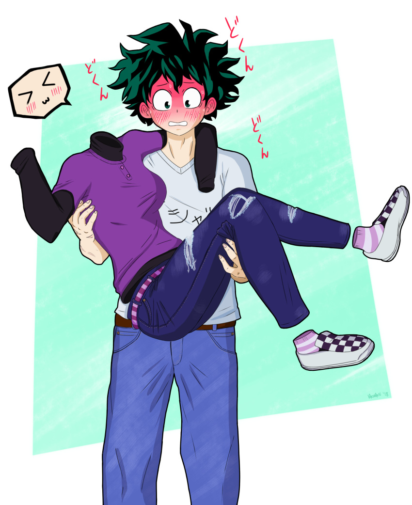 &gt;_&lt; 1boy 1girl :3 black_undershirt blue_background blue_pants blush boku_no_hero_academia carrying couple denim embarrassed freckles full-face_blush green_eyes green_hair hagakure_tooru hetero highres jeans messy_hair midoriya_izuku nocunoct pants princess_carry purple_shirt scar shirt shoes short_socks sneakers spoken_blush striped striped_legwear torn_clothes torn_jeans torn_pants translated turtleneck two-tone_background v-neck white_background white_shirt