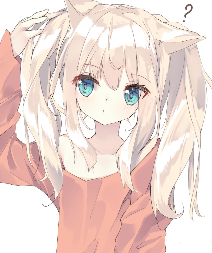 1girl ? animal_ears arm_up bangs bare_shoulders blonde_hair blue_eyes blush cat_ears closed_mouth collarbone eyebrows_visible_through_hair hair_between_eyes hamaru_(s5625t) highres long_hair long_sleeves looking_away looking_to_the_side off_shoulder orange_shirt original shirt sidelocks simple_background sleeves_past_wrists slit_pupils solo twintails upper_body white_background