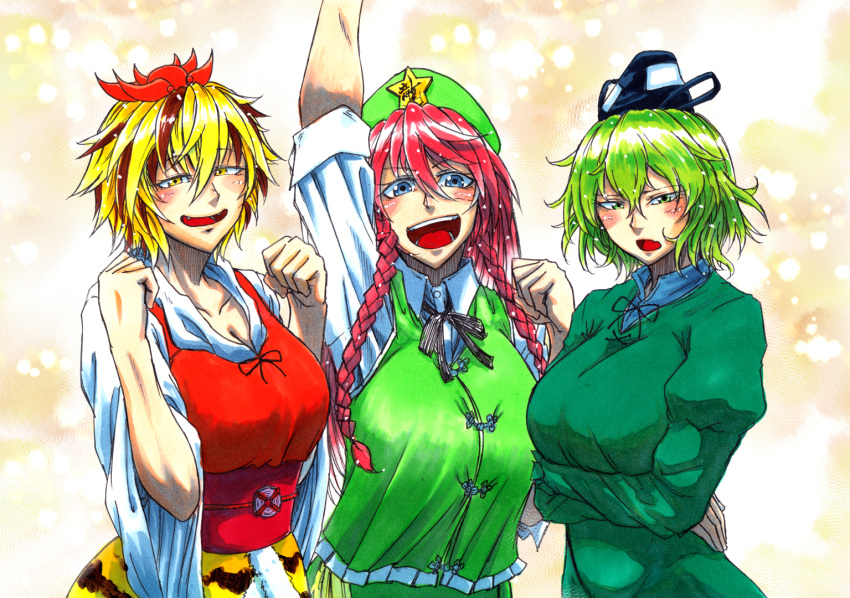 3girls arm_up bangs blonde_hair blue_eyes blush braid breasts brown_hair cleavage clenched_hands commentary_request crossed_arms dress eyebrows_visible_through_hair fangs green_dress green_eyes green_hair hair_between_eyes half-closed_eyes hand_up hands_up hat hong_meiling koyubi_(littlefinger1988) long_hair long_sleeves looking_at_viewer multicolored_hair multiple_girls open_mouth outstretched_arm redhead shirt short_hair short_sleeves side_braid smile soga_no_tojiko star tate_eboshi toramaru_shou touhou twin_braids two-tone_hair upper_body vest wide_sleeves yellow_eyes