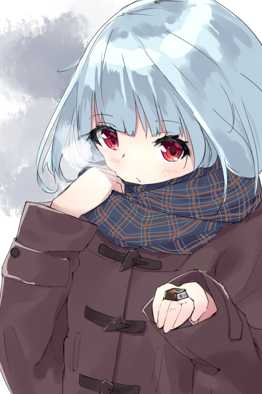 1girl bangs blue_hair blue_scarf blush breath brown_coat chocolate closed_mouth coat enpera eyebrows_visible_through_hair food hamaru_(s5625t) hand_up highres holding holding_food long_hair long_sleeves original plaid plaid_scarf red_eyes scarf sleeves_past_wrists solo upper_body