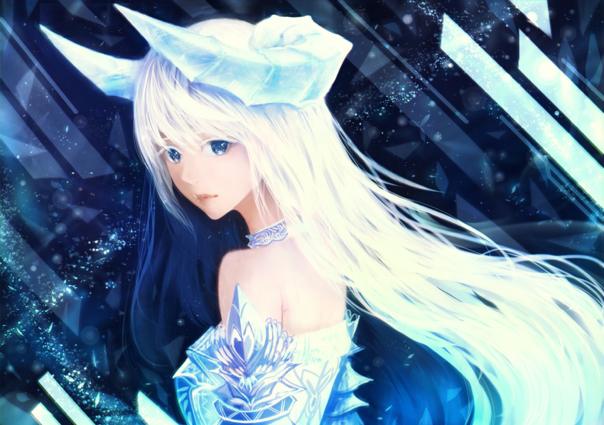 1girl armor bare_shoulders blue_eyes choker commentary dragon_girl dragon_horns fantasy horns ice light_particles lips long_hair looking_at_viewer looking_back original sakimori_(hououbds) solo upper_body white_hair