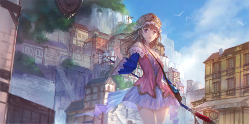 1girl :d animal artist_name atelier_(series) atelier_totori bag bangs bare_shoulders bird blue_sky brown_hair building cliff clouds cowboy_shot day dress floating_hair frills hand_up hat highres holding holding_staff long_hair long_sleeves looking_to_the_side off_shoulder open_mouth outdoors purple_dress shoulder_bag sidelocks sky smile solo spaghetti_strap staff stairs standing swd3e2 thighs totooria_helmold town tree violet_eyes wide_sleeves