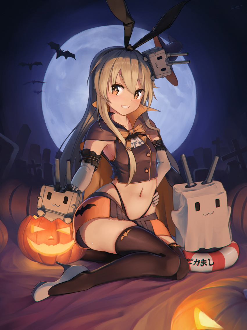 1girl :3 alternate_costume bangs bat black_panties blonde_hair blush bow bowtie breasts cape commentary_request crop_top elbow_gloves eyebrows_visible_through_hair fancyark ghost_costume gloves hair_between_eyes hair_ornament hairband halloween hat high_heels highleg highleg_panties highres jack-o'-lantern kantai_collection legs lifebuoy long_hair looking_at_viewer miniskirt moon navel open_mouth orange_eyes panties pumpkin rensouhou-chan shimakaze_(kantai_collection) sitting skirt small small_breasts smile thigh-highs tombstone underwear white_gloves witch_hat yokozuwari